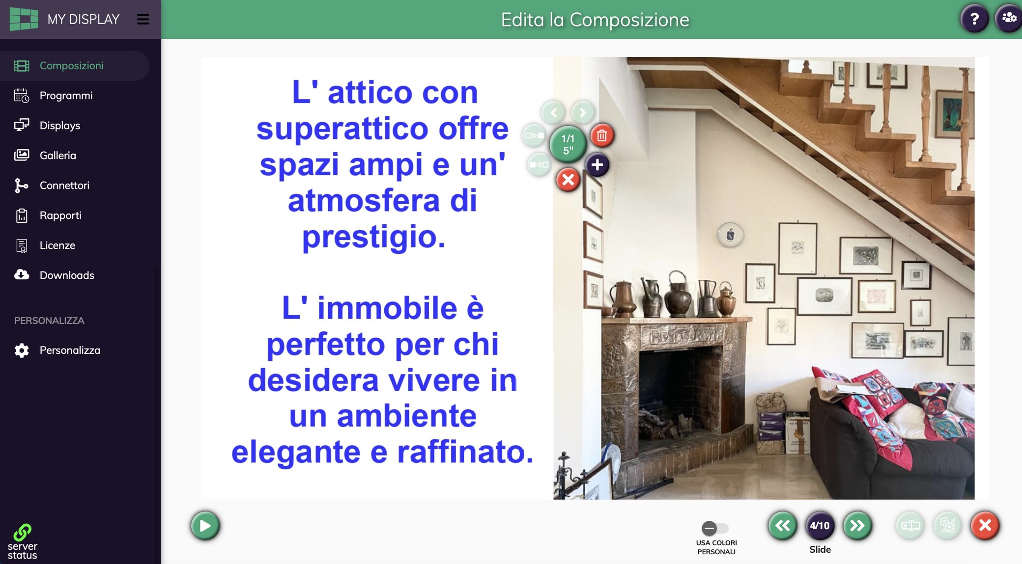 Composition editor: the slide being worked on with text and image, the duration and order controls, and the bottom bar with preview and navigation between slides.