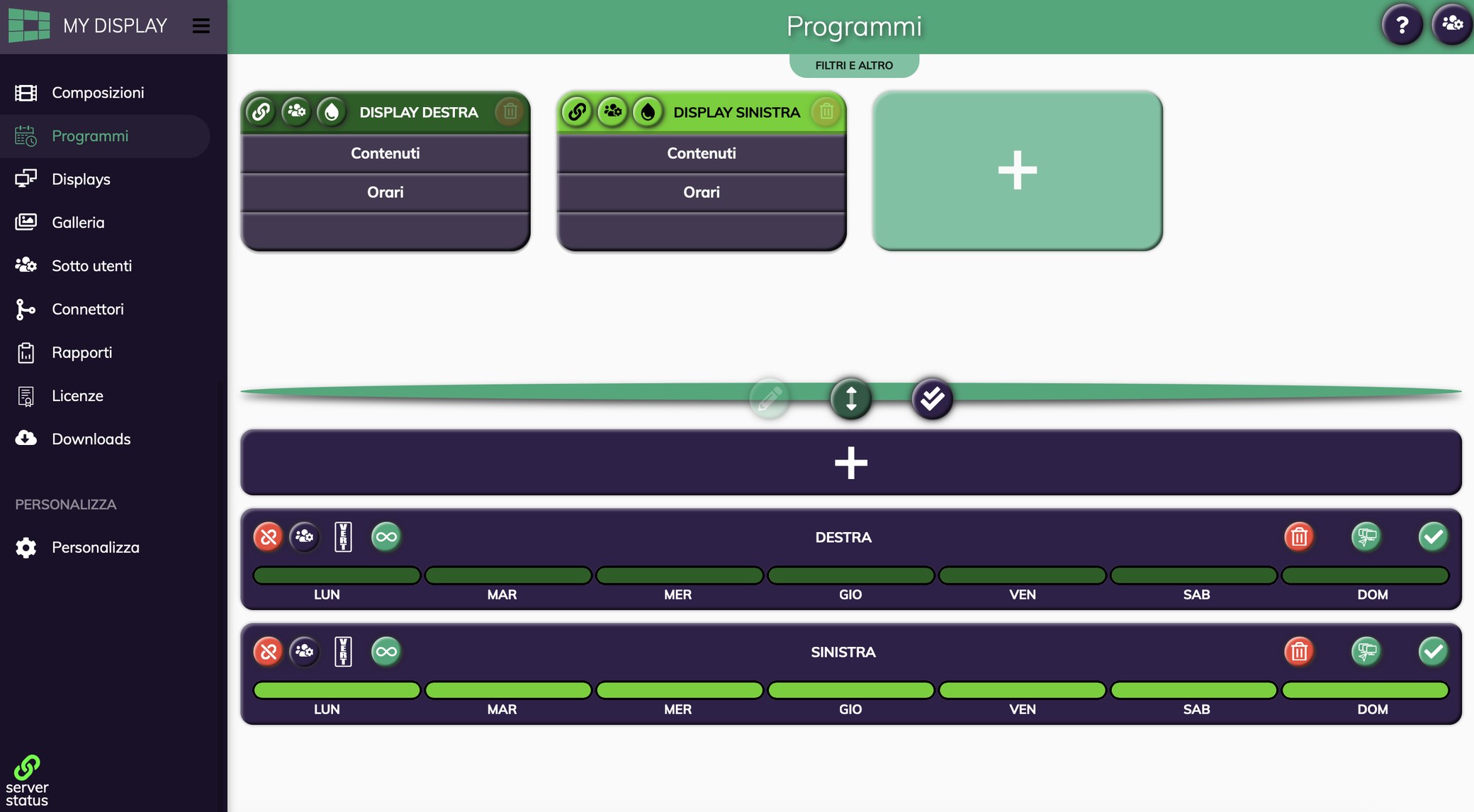 Programmes in the MY DISPLAY app: cards for the right-hand and left-hand display with content and times, and the scheduling bands from Monday to Sunday.