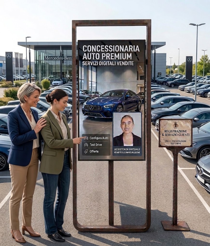 Totem touch sul piazzale di una concessionaria con configuratore, test drive e offerte