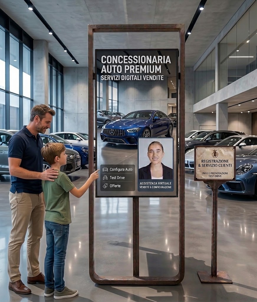 Totem touch in un salone auto con configuratore, test drive e offerte, usato da un padre e un bambino