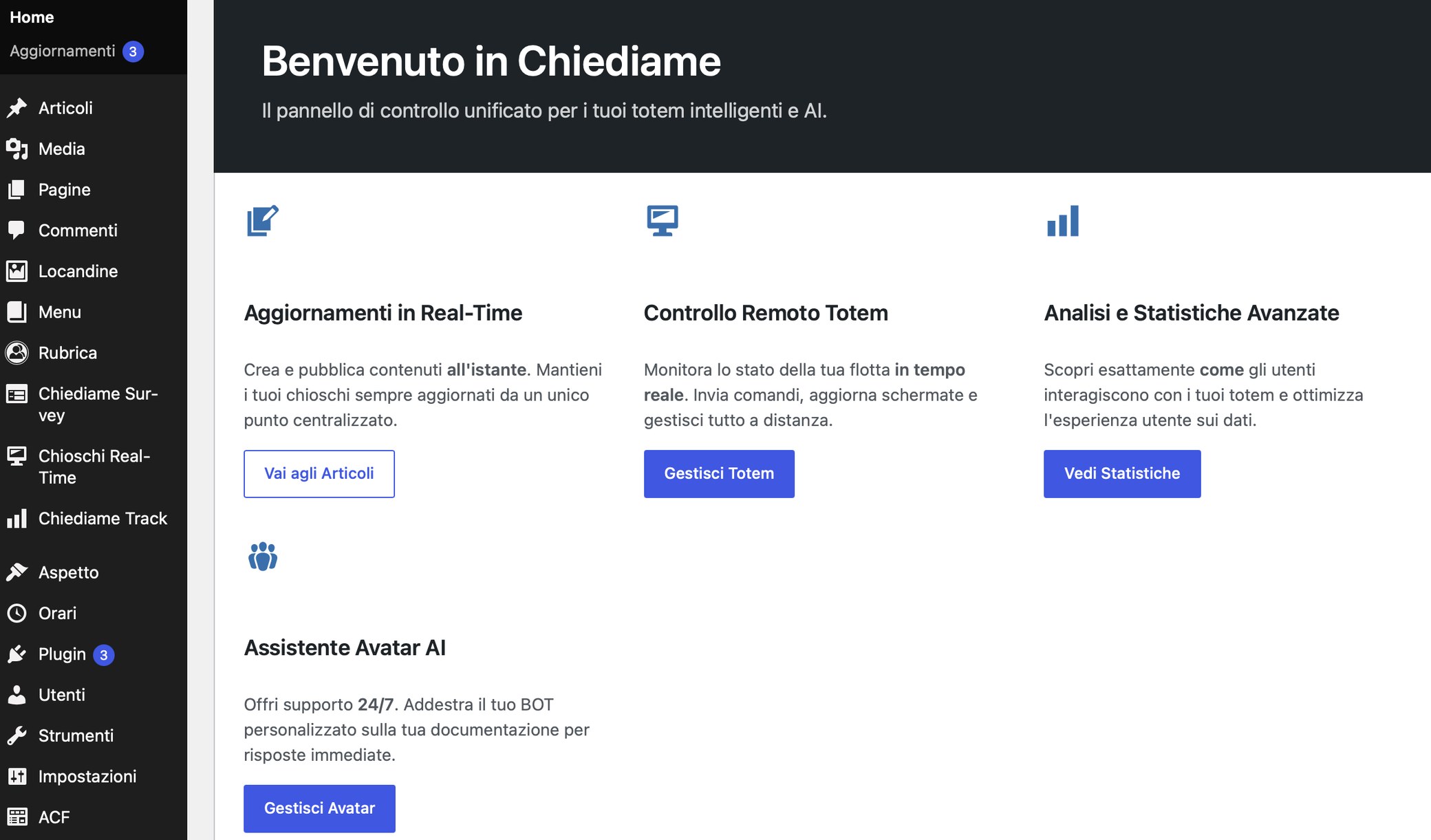 Chiediame dashboard: real-time updates, remote control of the totems, advanced analysis and statistics, AI avatar assistant.