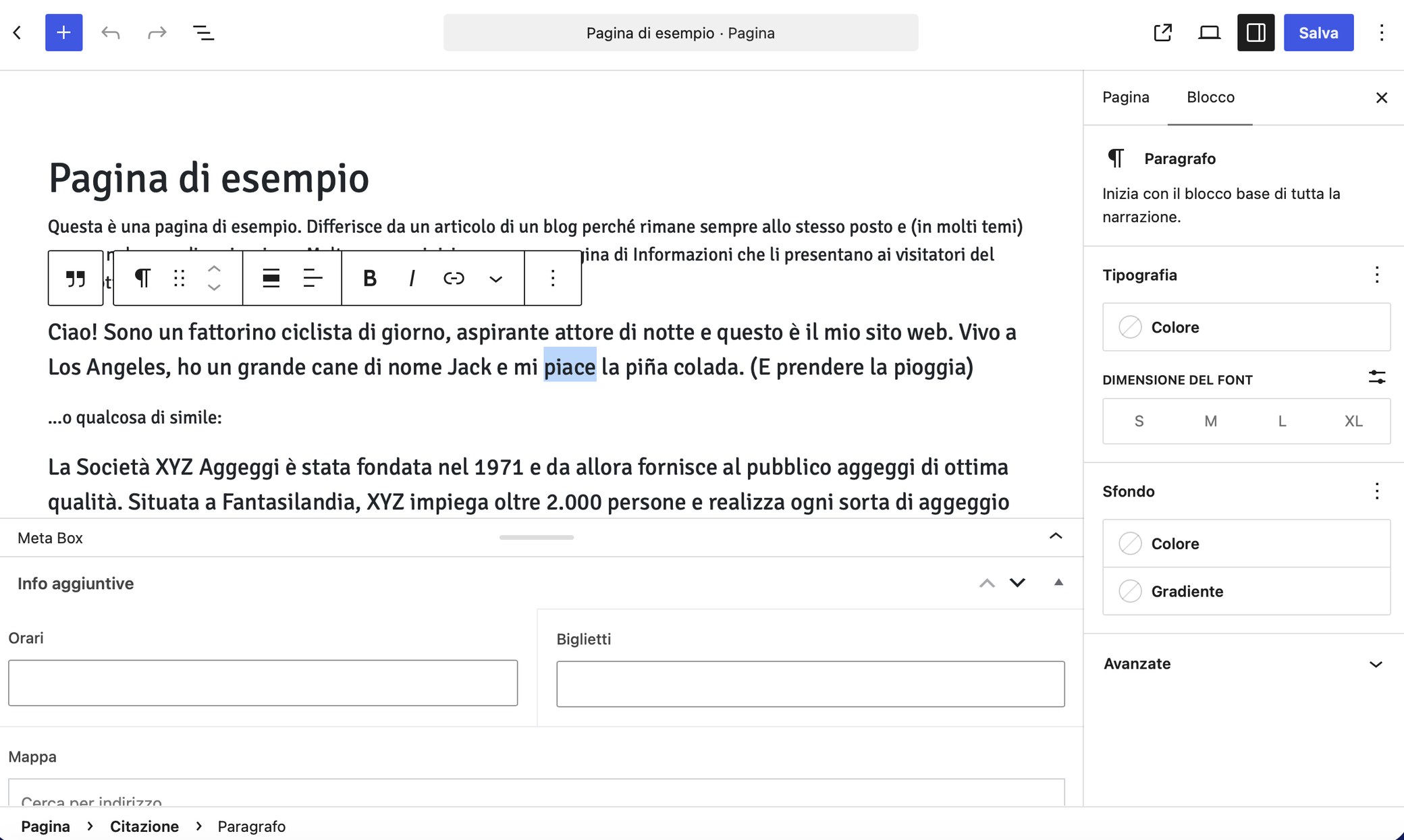 Block editor: the page being worked on with the block toolbar, the Block panel with typography and background, and the Additional info box with opening times, tickets and map.