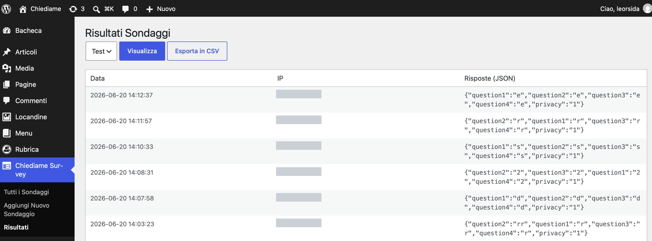 Survey results: survey selection, CSV export and the list of answers with date and time.