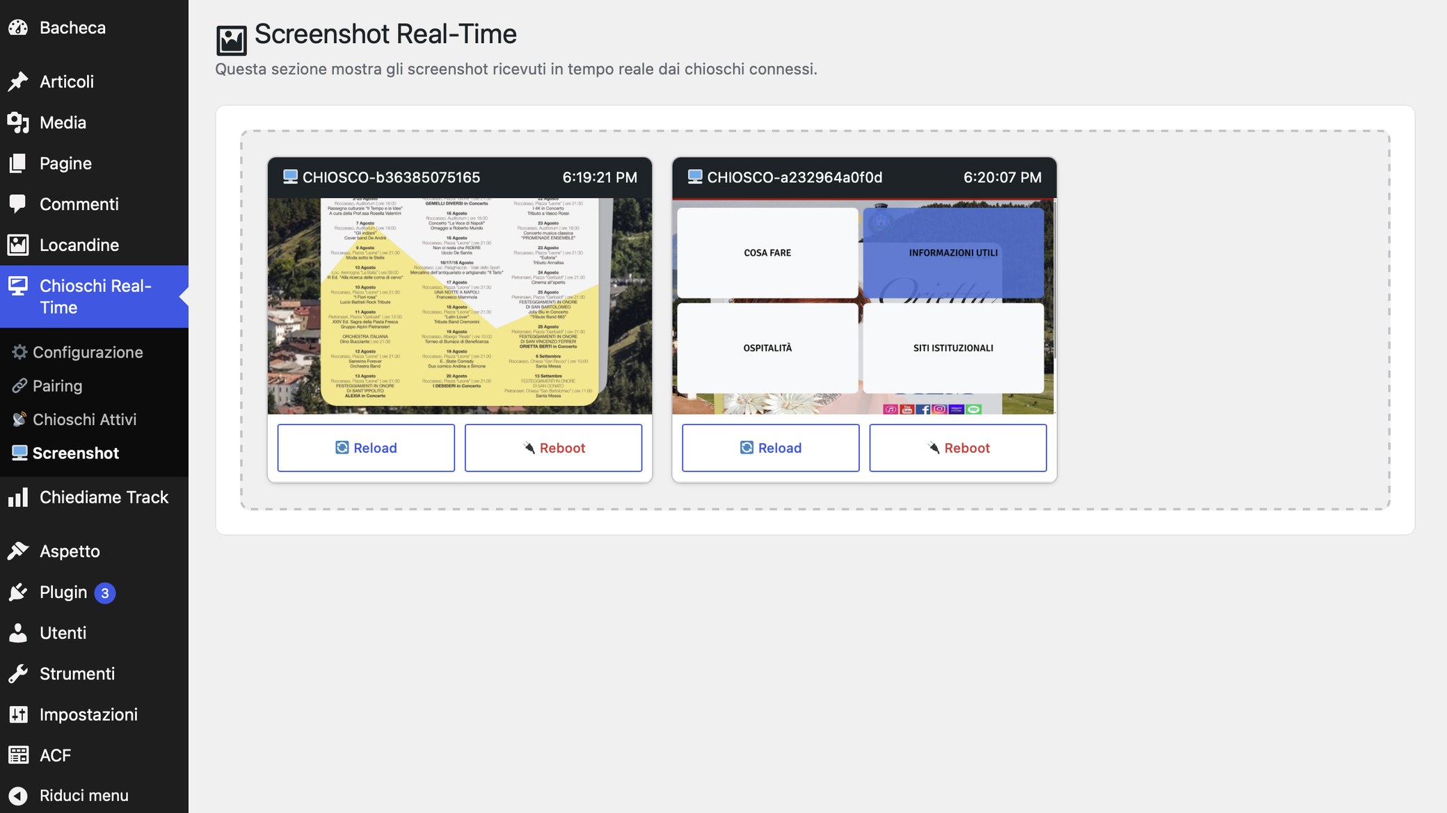 Real-Time screenshots: two connected kiosks with a preview of the screen on air, the device name, the time of the last upload and the Reload and Reboot buttons.