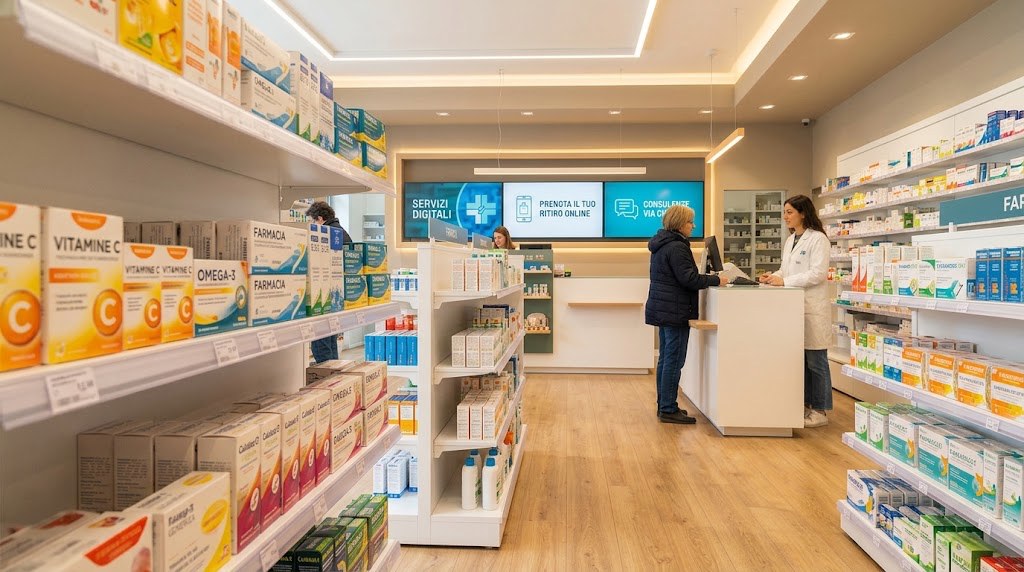 Schermo sopra il banco di una farmacia con i servizi digitali