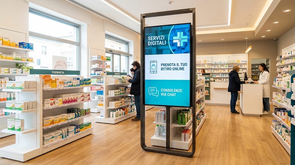 Totem verticale con i servizi digitali della farmacia, fra gli scaffali e il banco