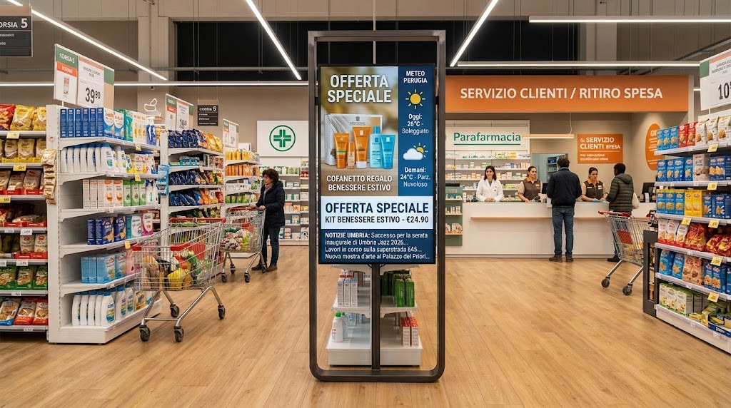 Totem verticale in corsia con l’offerta del giorno, il meteo e le notizie locali