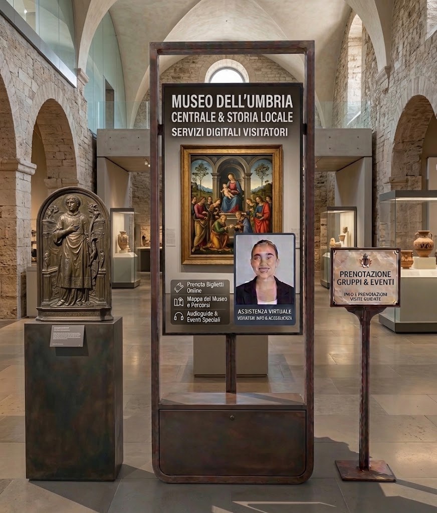 Totem touch in un museo con prenotazione dei biglietti, mappa dei percorsi e audioguide