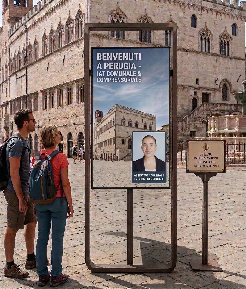 Totem informativo in piazza, accanto al cartello dell’ufficio informazioni turistiche, con il benvenuto della città e l’assistente virtuale