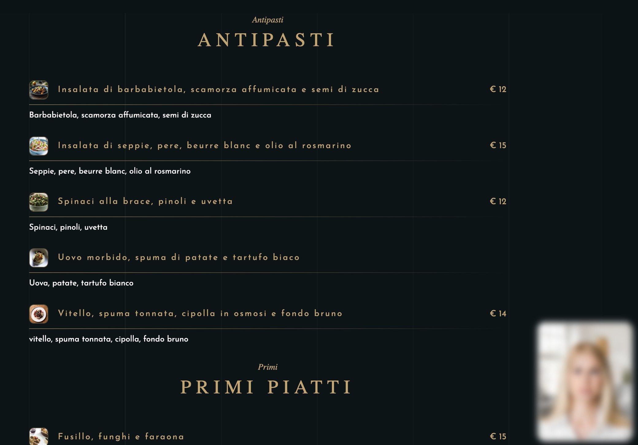 Totem screen: the restaurant menu with starters and first courses, prices and photos of the dishes, and in the bottom corner the window with the avatar answering.
